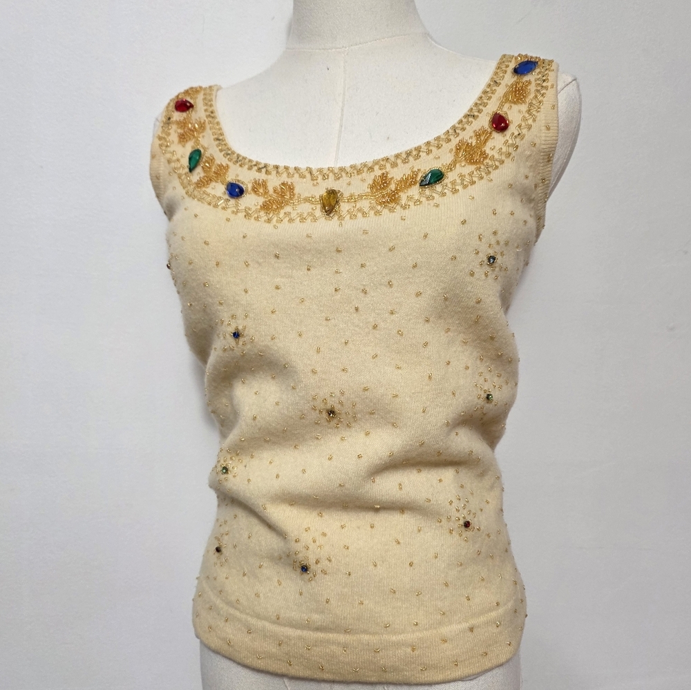 Marchesa Cocktail Sweater Tank Vintage 1960's Mid Century Rhintestone Cream Wool